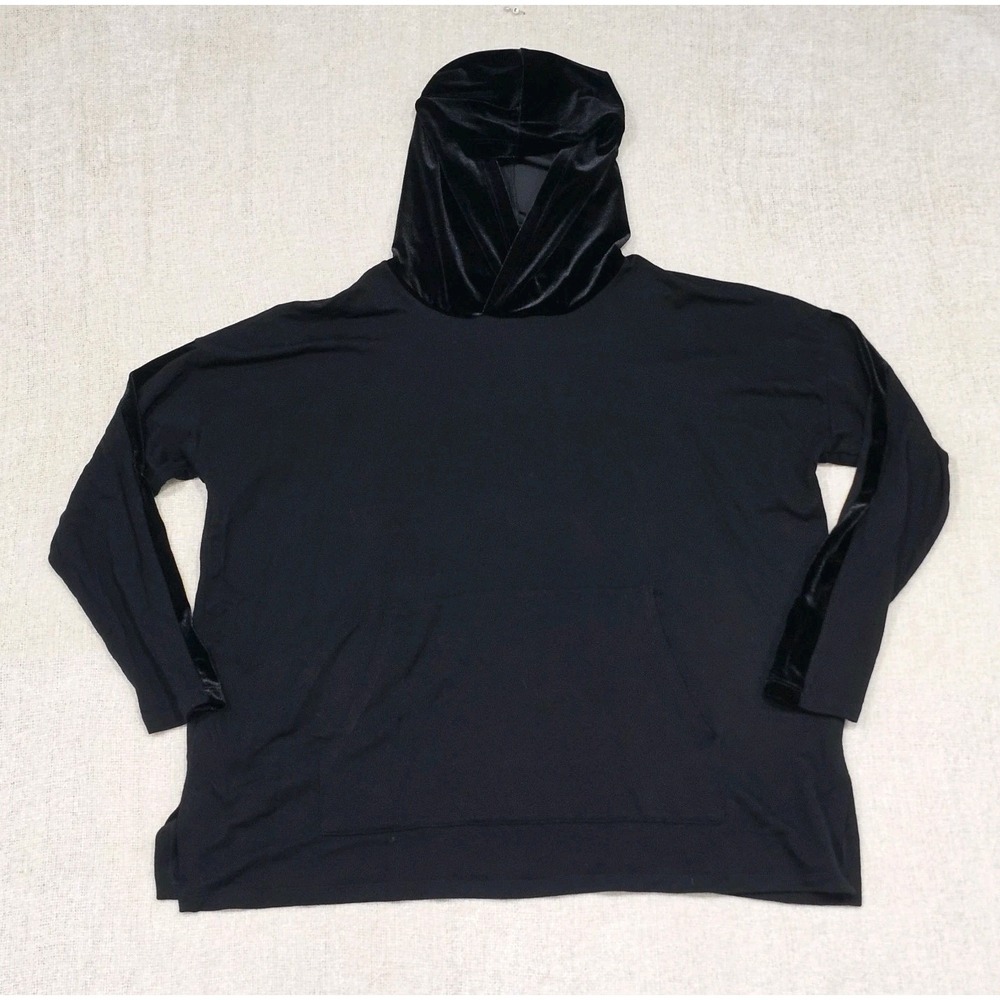 Eileen Fisher Hoodie Sz XL Black w Velvet Trim Tunic Sweatshirt Pullover Casual